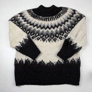 ONE OF A KIND Sweater Womens Large White Black Alpaca Mock Neck Fair Isle Ski